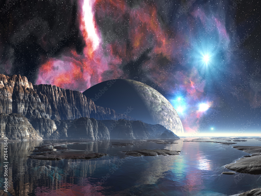 Moonrise over Alien Lake Stock Illustration | Adobe Stock