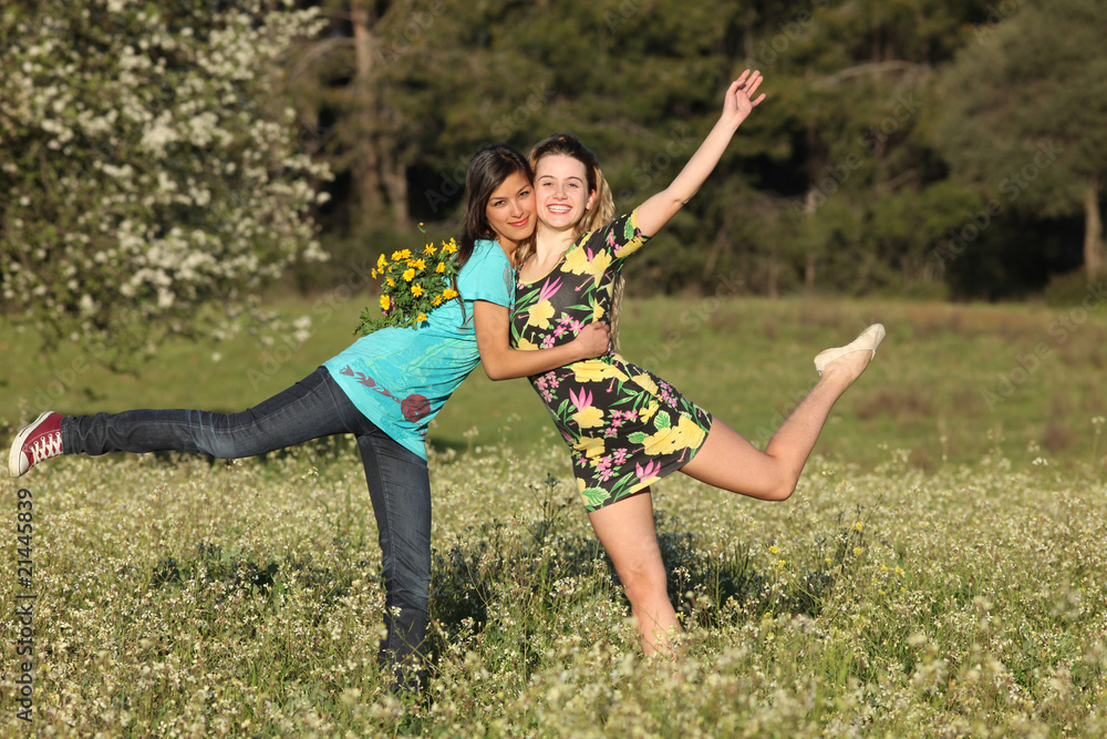 Two beautiful young women standing in blooming meadow Two beautiful young women standing in blooming meadow