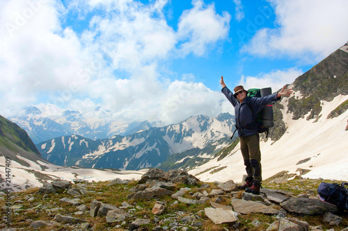 Hiker in Caucasus mountains