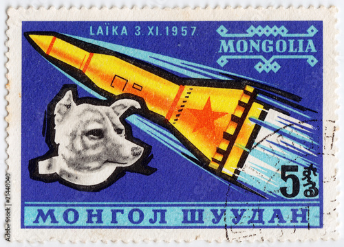 stamp printed in Mongolia shows Laika photo