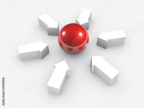 Conceptual image of sphere and arrows. Isolated.