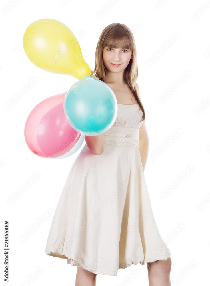 Bright picture of happy blonde with color balloons Bright picture of happy blonde with color balloons