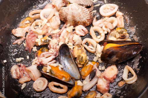 seafoods on pan
