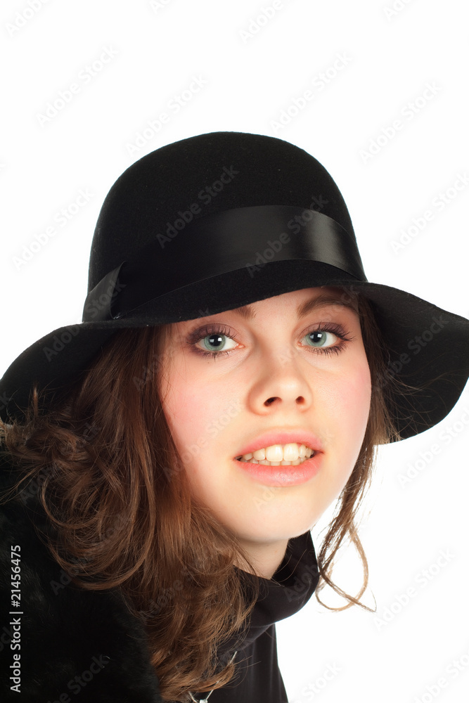 Beautiful young smiling woman with black hat Beautiful young smiling woman with black hat