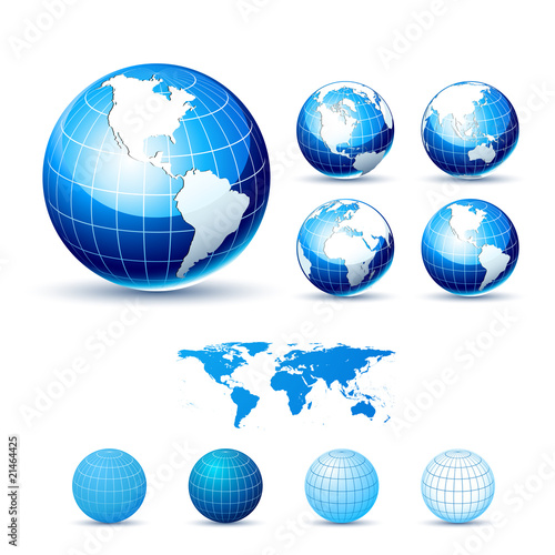 3D Icons: Glossy Earth Globes. Different views
