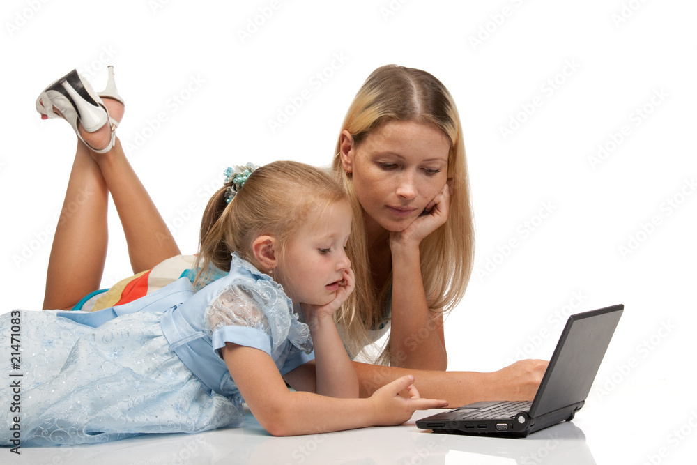 Mum and daughter with notebook Mum and daughter with notebook