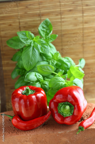 Red peppers and basil leaves