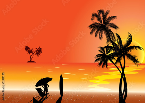 Colorful tropical illustration with surfers.