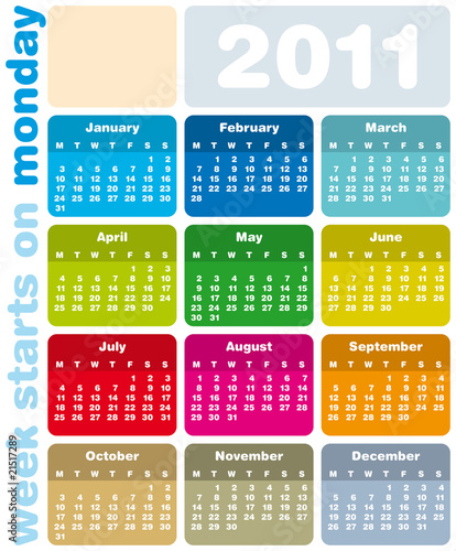Colorful Calendar 2011, week starts on Monday
