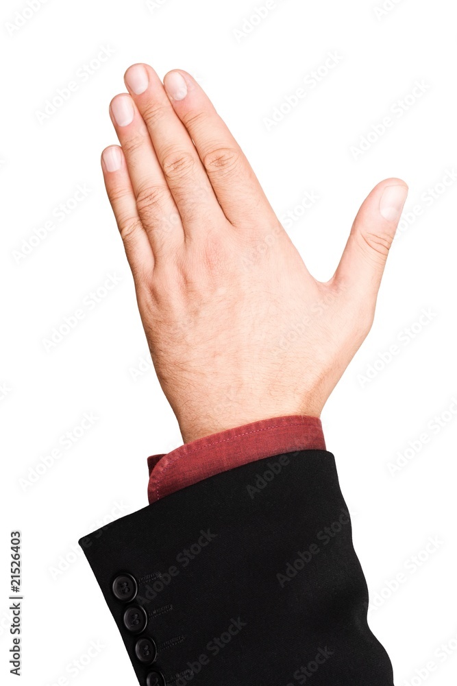 Hand of a businessman raised in the air - isolated on white Hand of a businessman raised in the air - isolated on white