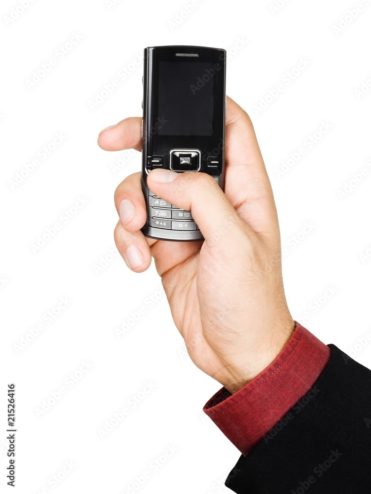 Businessman's hand holding a cell phone - isolated on white Businessman's hand holding a cell phone - isolated on white