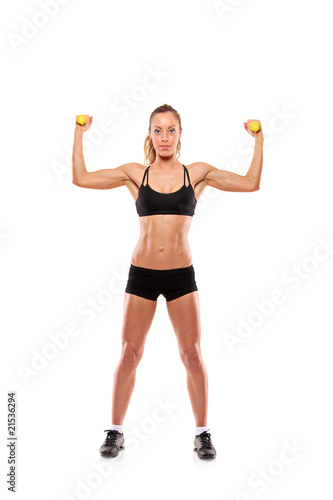 Young attractive woman with weights isolated on white background
