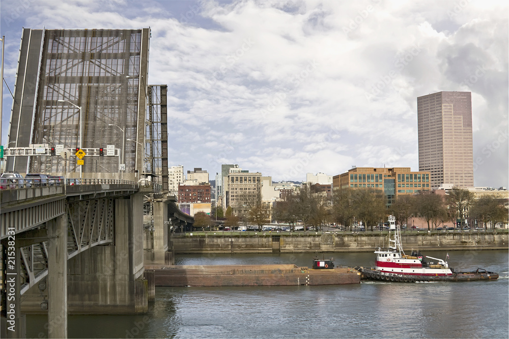 Tug Boat Under Bridge on River