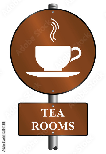 Tea rooms graphic and text sign mounted on post