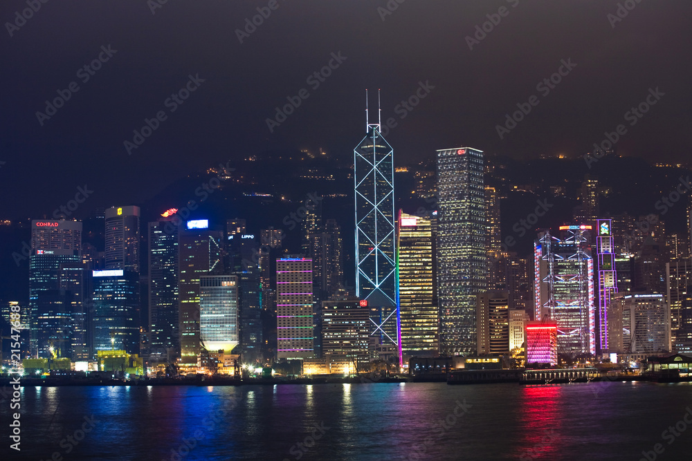 Hong Kong harbor view with skyscrapers in the night