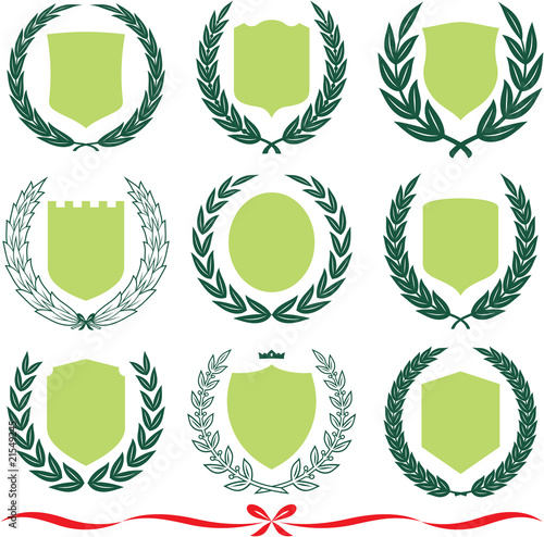 Vector shields and laurel wreaths set