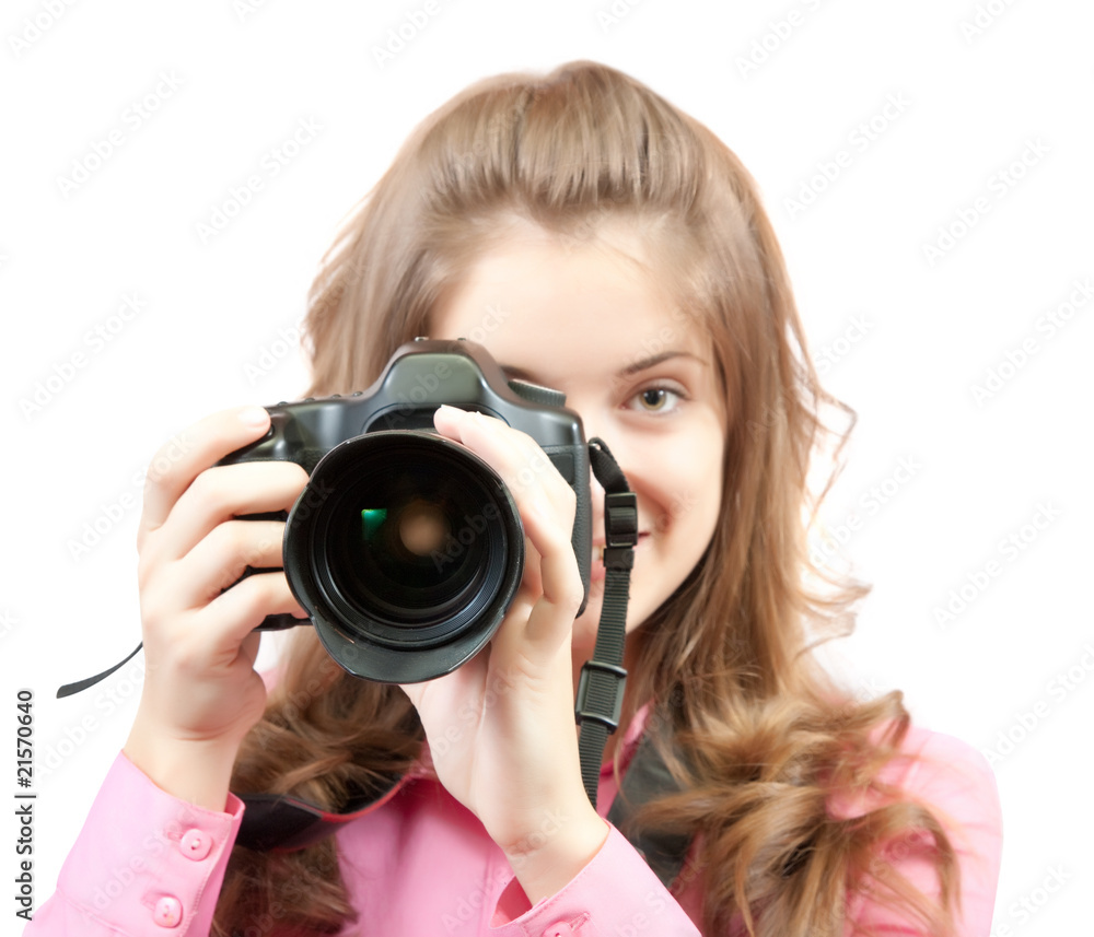 Young girl with camera isolated over white Young girl with camera isolated over white