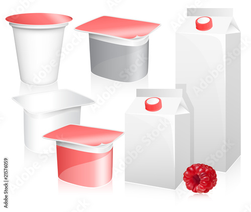 Vector set of blank milk and yoghurt packs with raspberry