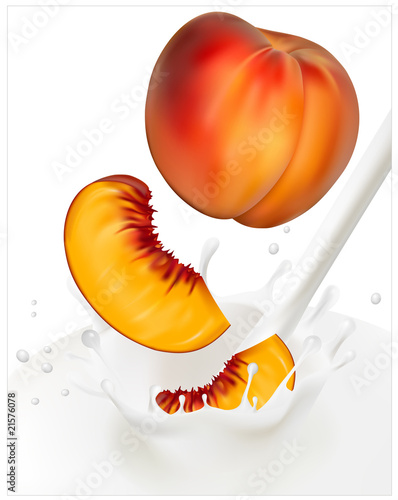 Ripe  peaches falling into the milky splash.