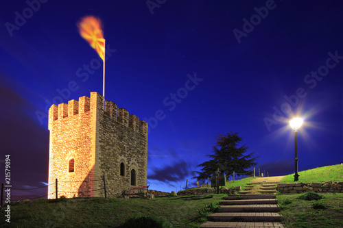 A view of a watchtower in Skopje, Macedonia at night