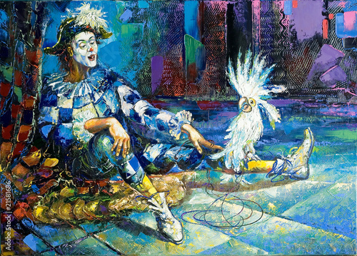 Fotografie The harlequin and a white parrot