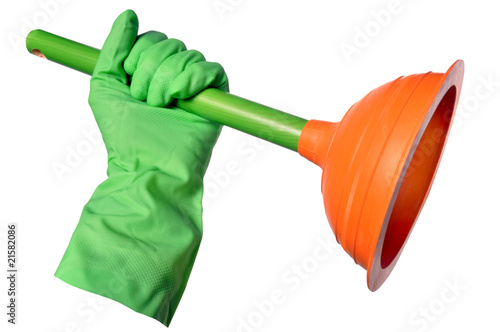 ventouse de plomberie et gant vert
