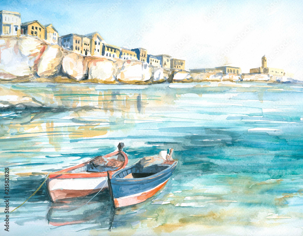 Fototapeta Boats in bay watercolor painted