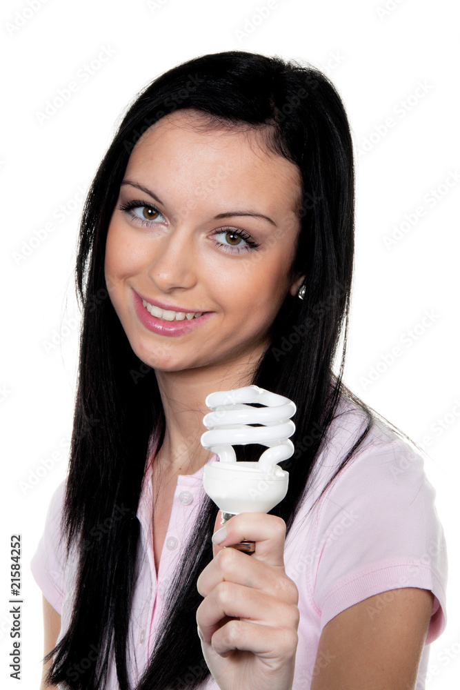 Women with energy-saving lamp. Energy saving lamp for Women with energy-saving lamp. Energy saving lamp for