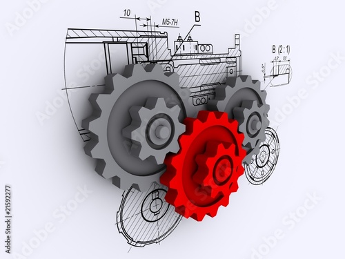 gears against a background of engineering drawings