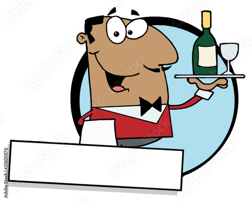 Logo Mascot-Friendly African American Male Butler Serving Wine
