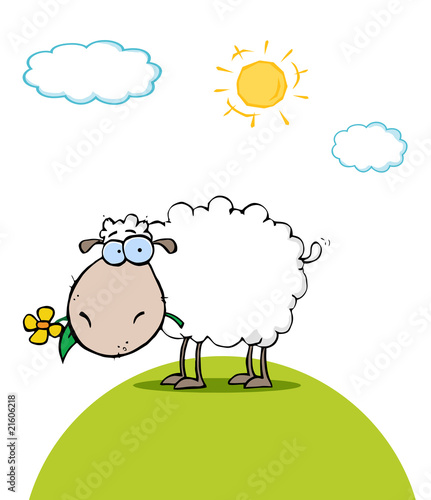 Sheep With Flower In Mouth On A Sunny Day