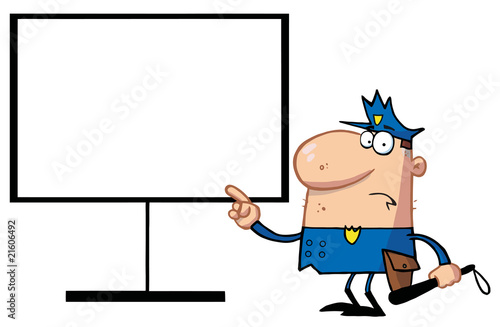Police Man Pointing To A Blank Sign