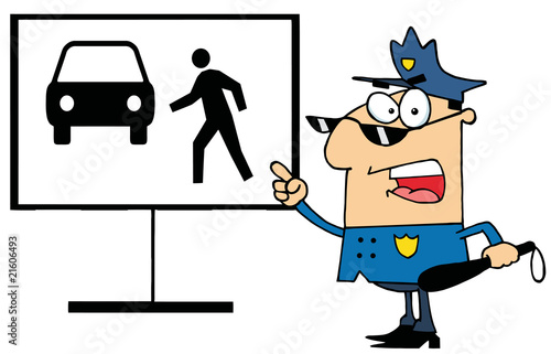 Police Officer Shouting And Pointing To A Pedestrian Sign