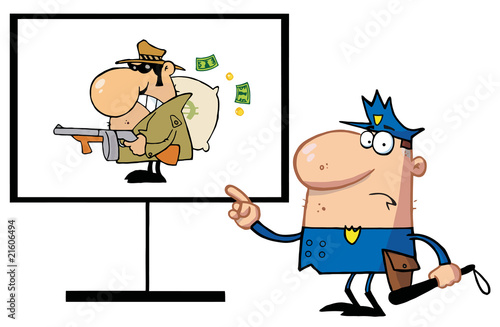 Police Man Pointing To A Robber Sign