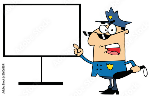 Police Officer Shouting And Pointing To A Blank Sign