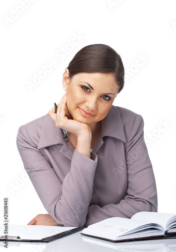 Smiling Businesswoman with Hand Under ner Chin