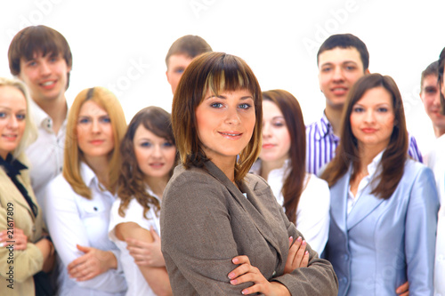 businesswoman and his team isolated over a white background.