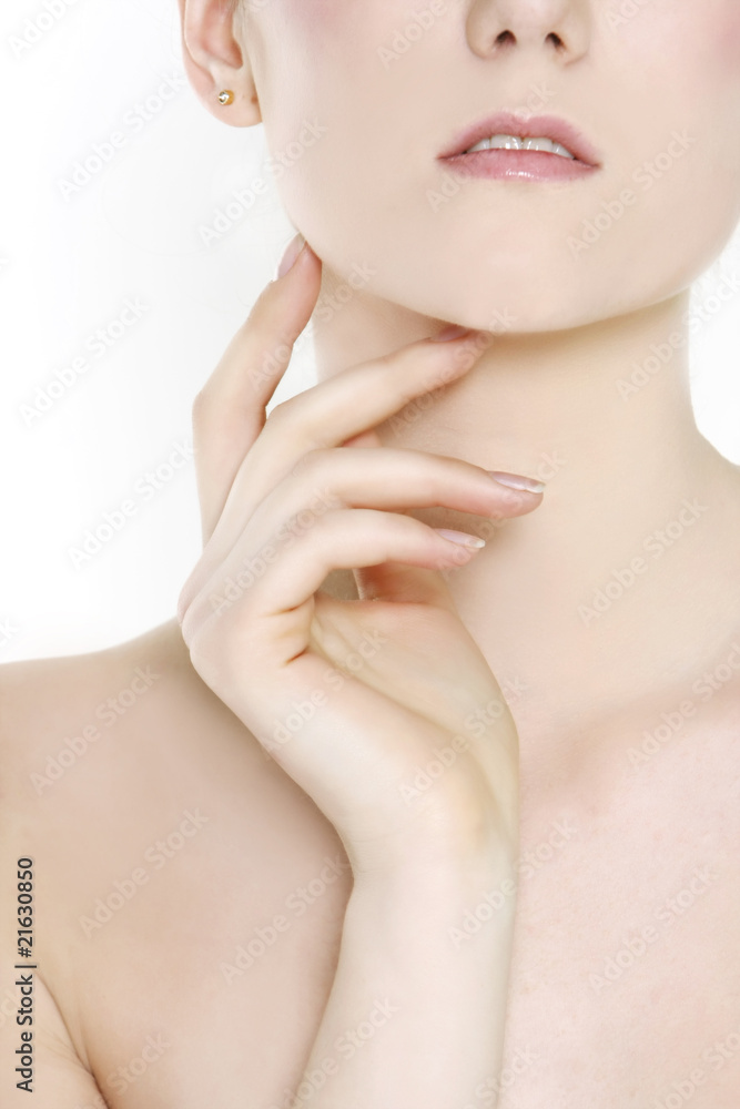 close up of young beautiful woman over white close up of young beautiful woman over white