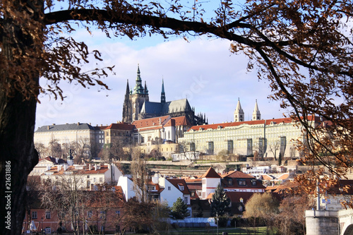 Snowy Prague gothic Castle above the River Vltava