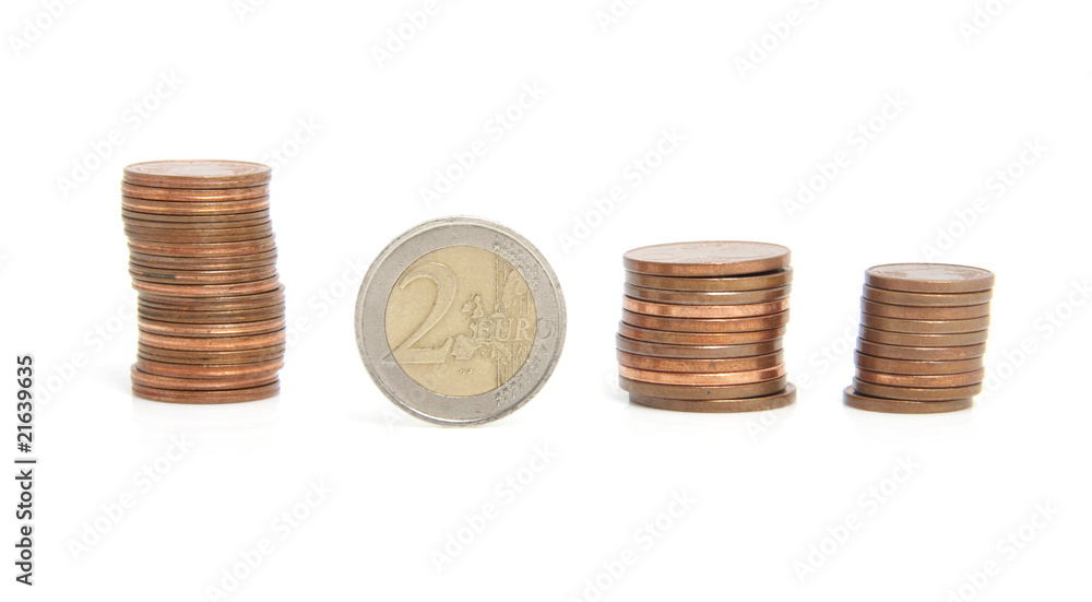 stack of euro coins over white background
