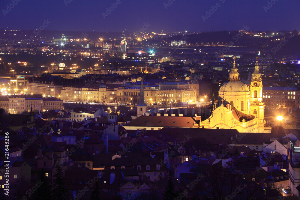 The night View to bright Prague with St. Nicholas' Cathedral