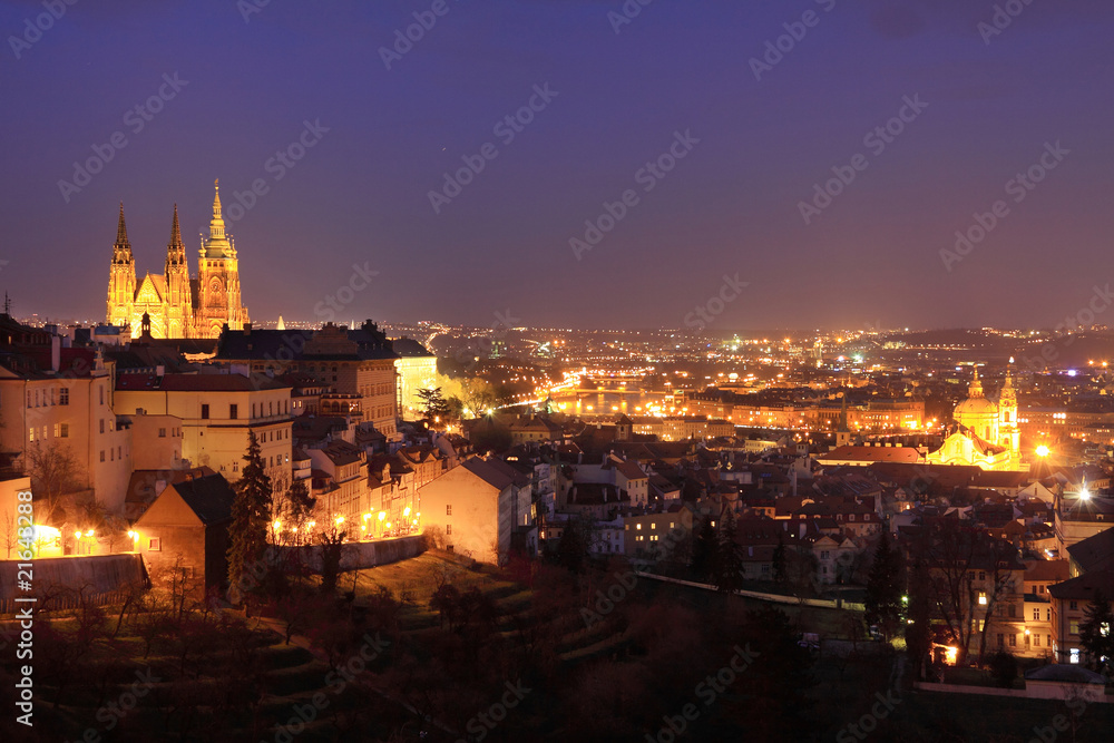 The night View to bright Prague with gothic Castle