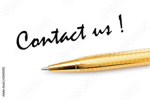 Pen and contact us message on white photo