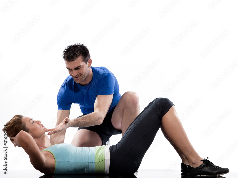 COUPLE on floor Abdominals workout posture on white background COUPLE on floor Abdominals workout posture on white background