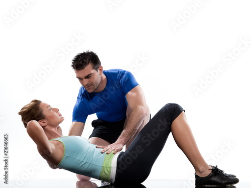 couple, on floor Abdominals workout posture on white background