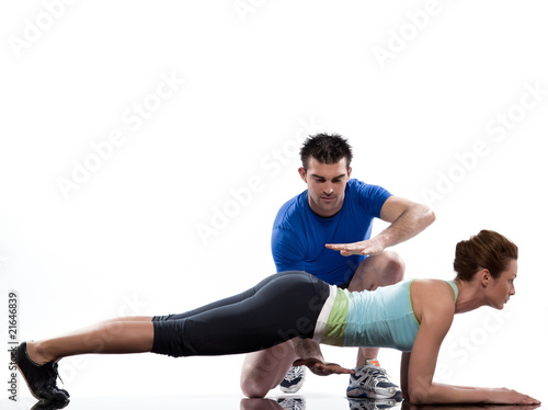 couple, on Abdominals workout  posture on white background photo