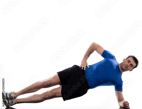man on Abdominals workout posture on white background