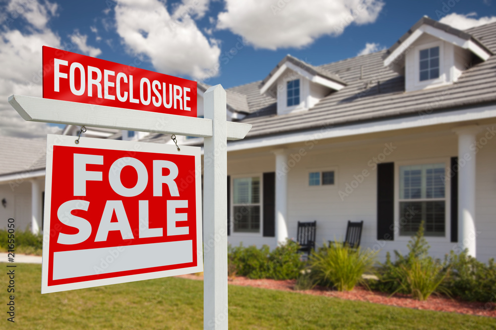 Foreclosure Real Estate Sign and House - Left Foreclosure Real Estate Sign and House - Left