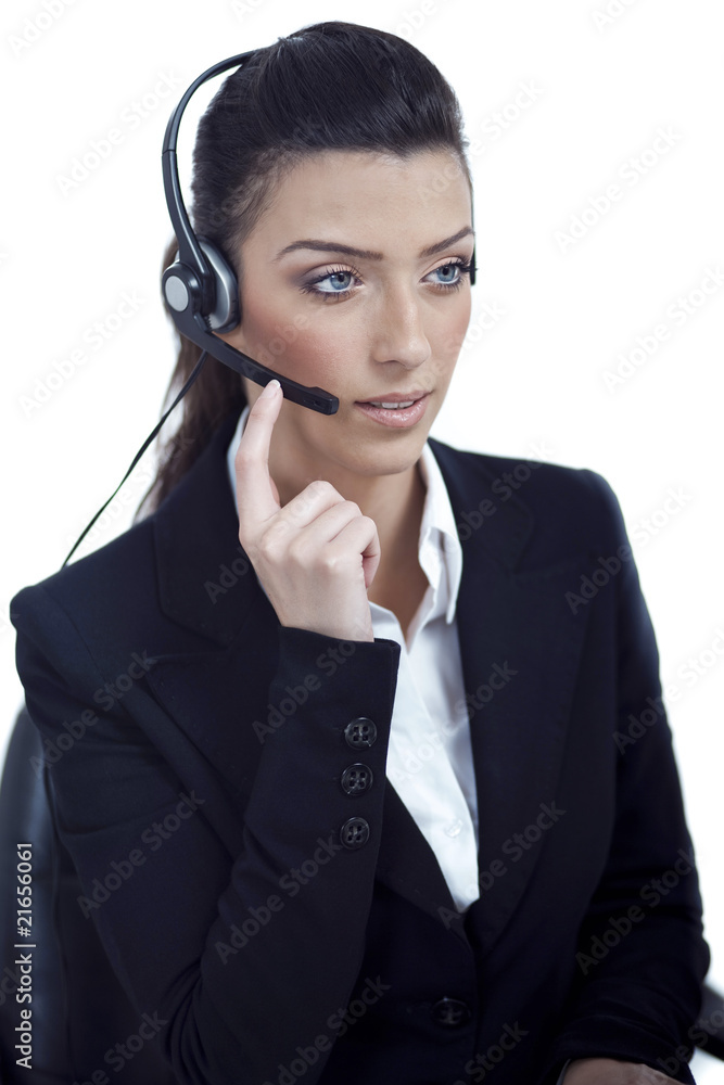 Beautiful call center telephone woman wearing headset Beautiful call center telephone woman wearing headset