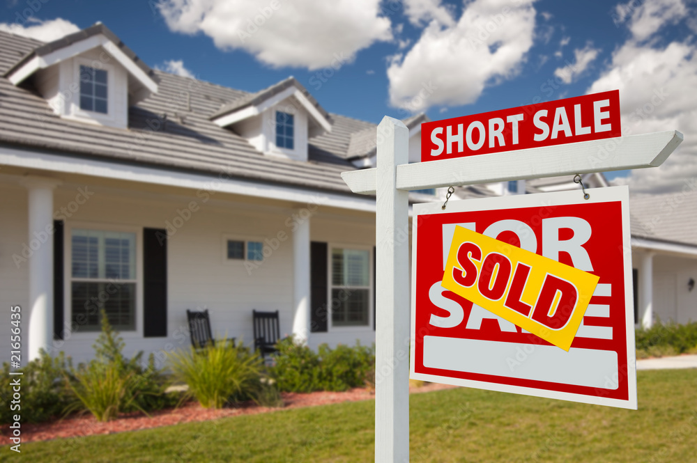 Fototapeta premium Sold Short Sale Real Estate Sign and House - Right